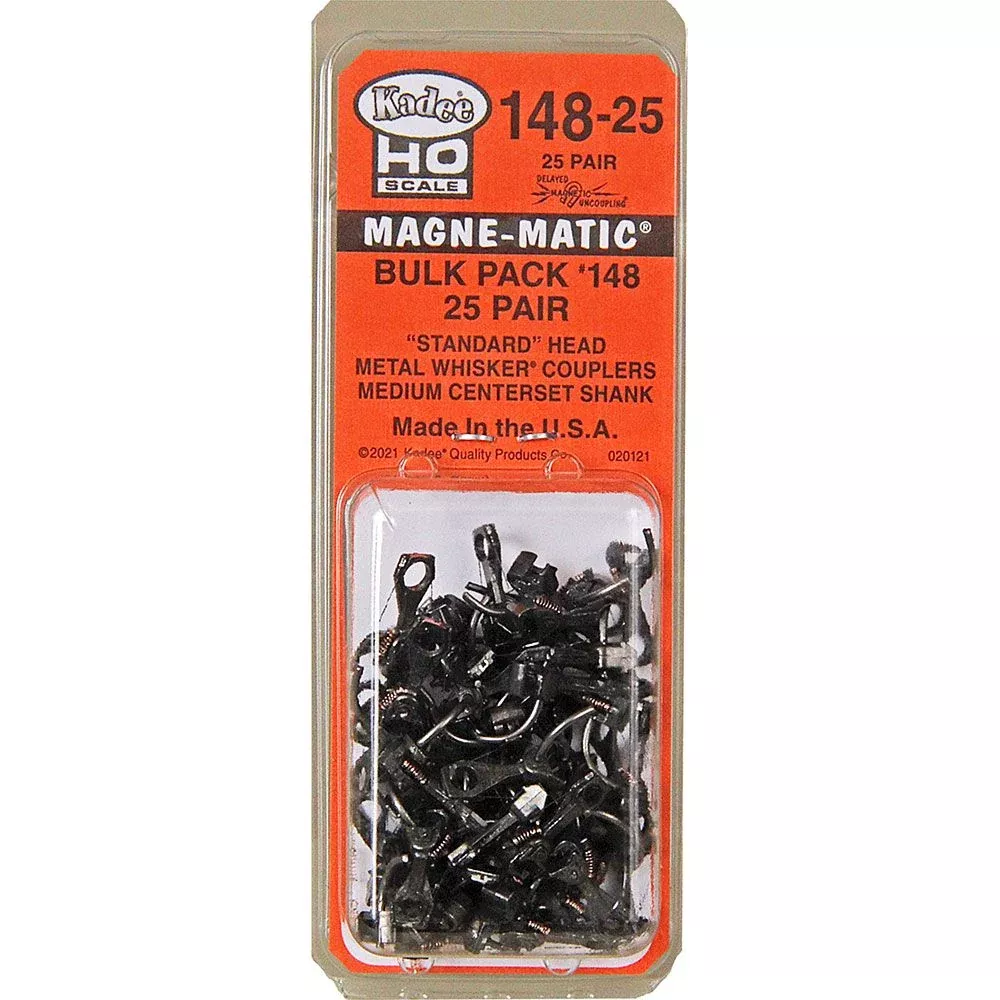 #148-25 HO Scale Bulk Pack - 25 pair #148 Whisker Metal Couplers - Medium (9/32") Centerset Shank KAD148-25