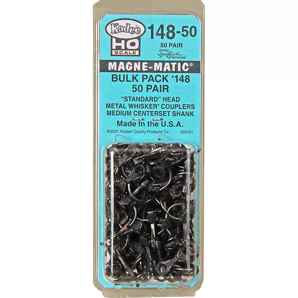 #148-50 HO Scale Bulk Pack 50 pair #148 Whisker Metal Couplers Medium (9/32") Centerset Shank KAD14850